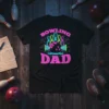 Bowling Dad text with retro bowling ball and pins graphic on a black t-shirt