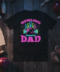 Bowling Dad text with retro bowling ball and pins graphic on a black t-shirt