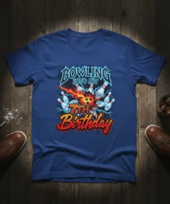 Bowling Into My 7th Birthday text with bowling pins and ball exploding on a blue t-shirt design