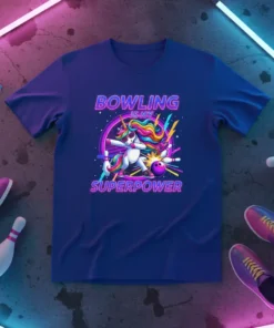 Bowling Is My Superpower t-shirt with a dabbing unicorn, bowling ball, pins, and neon lightning graphics