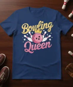 Bowling Queen text design with pink bowling ball, crown, and pins on a navy blue t-shirt