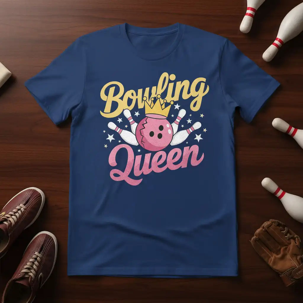 Bowling Queen text with crown, pink bowling ball, and pins graphic on a blue tee