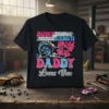 Bows or Burnouts Daddy Loves You t-shirt design featuring a race car wheel, pink bow, and retro typography