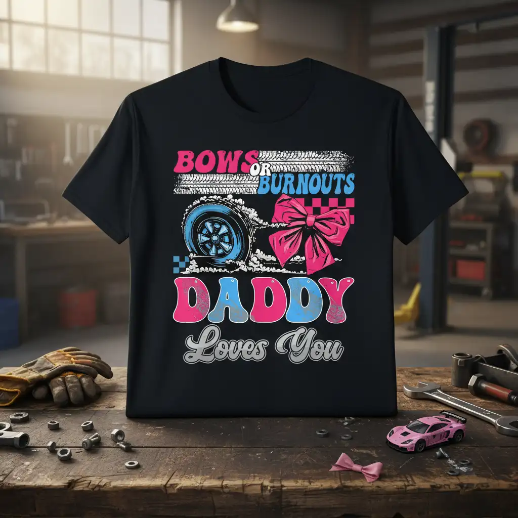 Bows or Burnouts Daddy Loves You text with race car wheel and pink bow graphic on black t-shirt