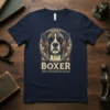 Boxer dog with text "BOXER THE GENTLEMAN'S GUARD" in vintage style design on a navy t-shirt