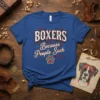 Boxers Because People Suck quote on a blue t-shirt with a dog paw graphic