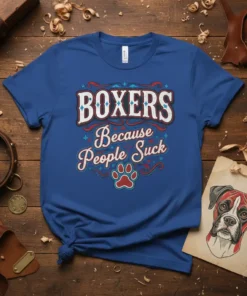 Boxers Because People Suck quote on a blue t-shirt with a dog paw graphic