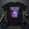 Black t-shirt featuring a "Boxing Unicorn" design with a unicorn wearing boxing gloves and a futuristic geometric background