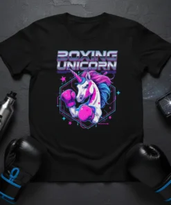 Black t-shirt featuring a "Boxing Unicorn" design with a unicorn wearing boxing gloves and a futuristic geometric background