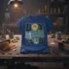 Retro "Boy Mom Club" text design with a melting smiley face graphic on a blue t-shirt