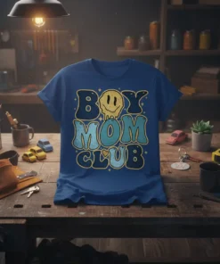 Retro "Boy Mom Club" text design with a melting smiley face graphic on a blue t-shirt
