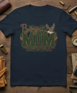 Boy Mom t-shirt with a vintage duck hunting graphic and the words "Boy MOM" in bold green letters