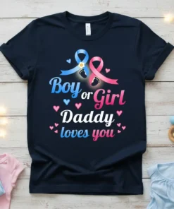 Boy or Girl Daddy loves you text with blue and pink ribbons and baby footprints graphic on a navy t-shirt
