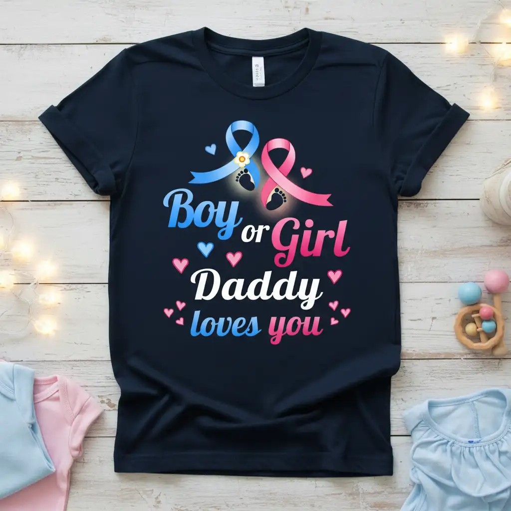 Boy or Girl Daddy loves you gender reveal t-shirt with blue pink ribbons and baby feet