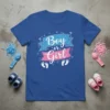 Blue t-shirt with "Boy or Girl" text in pink and blue, question marks, stars, and baby footprints