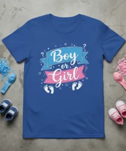 Blue t-shirt with "Boy or Girl" text in pink and blue, question marks, stars, and baby footprints