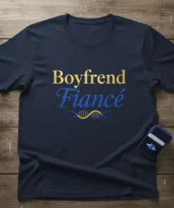 Boyfriend Fiancé t-shirt with gold and blue glitter text, featuring a DNA graphic, perfect for engagement announcements