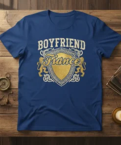 Blue t-shirt with "Boyfriend France" design in gold and white vintage lettering, featuring a shield and lions