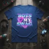 Boys My Swag text with a neon pink heart graphic on a blue t-shirt, streetwear design