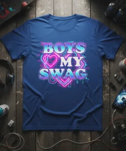 Boys My Swag text with a neon pink heart graphic on a blue t-shirt, streetwear design