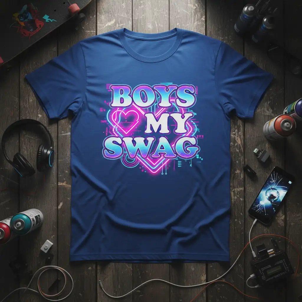 Boys My Swag text with neon heart graphic, vibrant streetwear t-shirt design