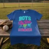 Boys The Girls OF SUMMER text graphic with baseball bats, helmet, and diamond graphic on a blue t-shirt