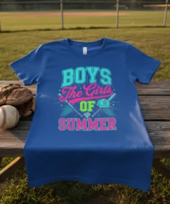Boys The Girls OF SUMMER text graphic with baseball bats, helmet, and diamond graphic on a blue t-shirt