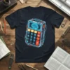 Brain Calculator T-Shirt design showing a futuristic calculator with a glowing brain and neon circuit lines