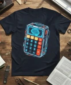 Brain Calculator T-Shirt design showing a futuristic calculator with a glowing brain and neon circuit lines