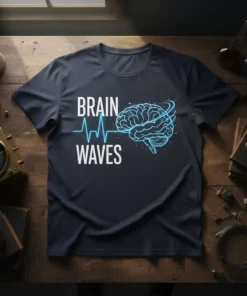 Brain Waves t-shirt design with a stylized brain and heartbeat line graphic in glowing blue and white text
