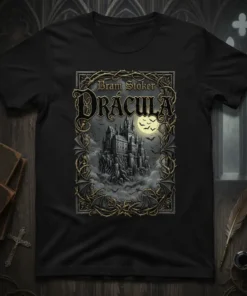 Bram Stoker DRÁCULA gothic castle t-shirt design with bats and moon, featuring ornate frame