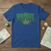 Brasil text graphic with Brazilian flag and iconic landmarks like Christ the Redeemer on a royal blue t-shirt