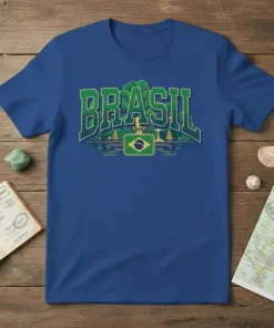 Brasil text graphic with Brazilian flag and iconic landmarks like Christ the Redeemer on a royal blue t-shirt