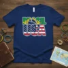 Brasil USA dual flag design t-shirt, featuring the words Brasil and USA with Brazilian and American flag elements