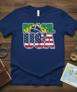 Brasil USA dual flag design t-shirt, featuring the words Brasil and USA with Brazilian and American flag elements