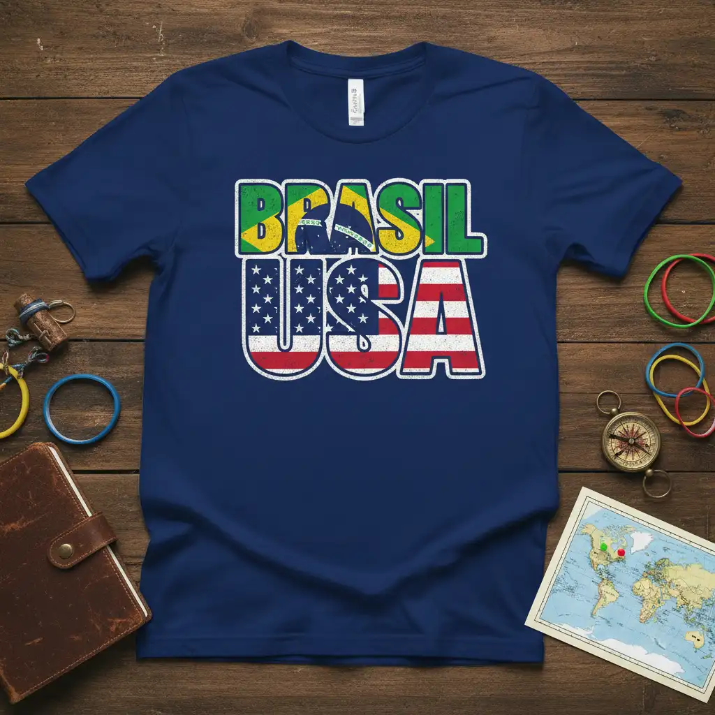 Brasil USA dual flag graphic t-shirt design, showcasing blended national symbols for patriotic pride