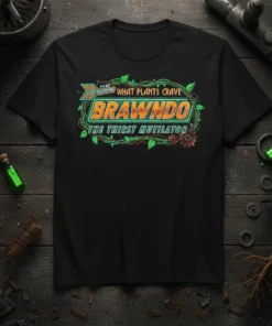 Black t-shirt with "It's Got Maximum What Plants Crave Brawndo The Thirst Mutilator" text and vine graphics