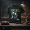 Black t-shirt with a Brazil hockey player graphic, text "BRAZIL" above, and Brazilian flag accents