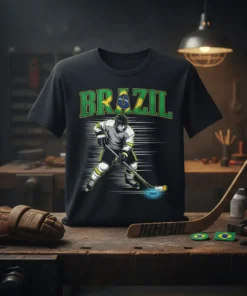 Black t-shirt with a Brazil hockey player graphic, text "BRAZIL" above, and Brazilian flag accents