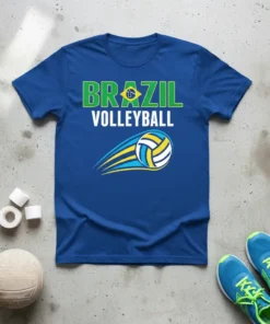 Blue t-shirt with "BRAZIL VOLLEYBALL" text and a dynamic volleyball graphic featuring the Brazilian flag colors