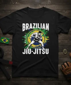 Brazilian Jiu-Jitsu graphic t-shirt featuring a martial artist in a gi and the words "Brazilian Jiu-Jitsu"
