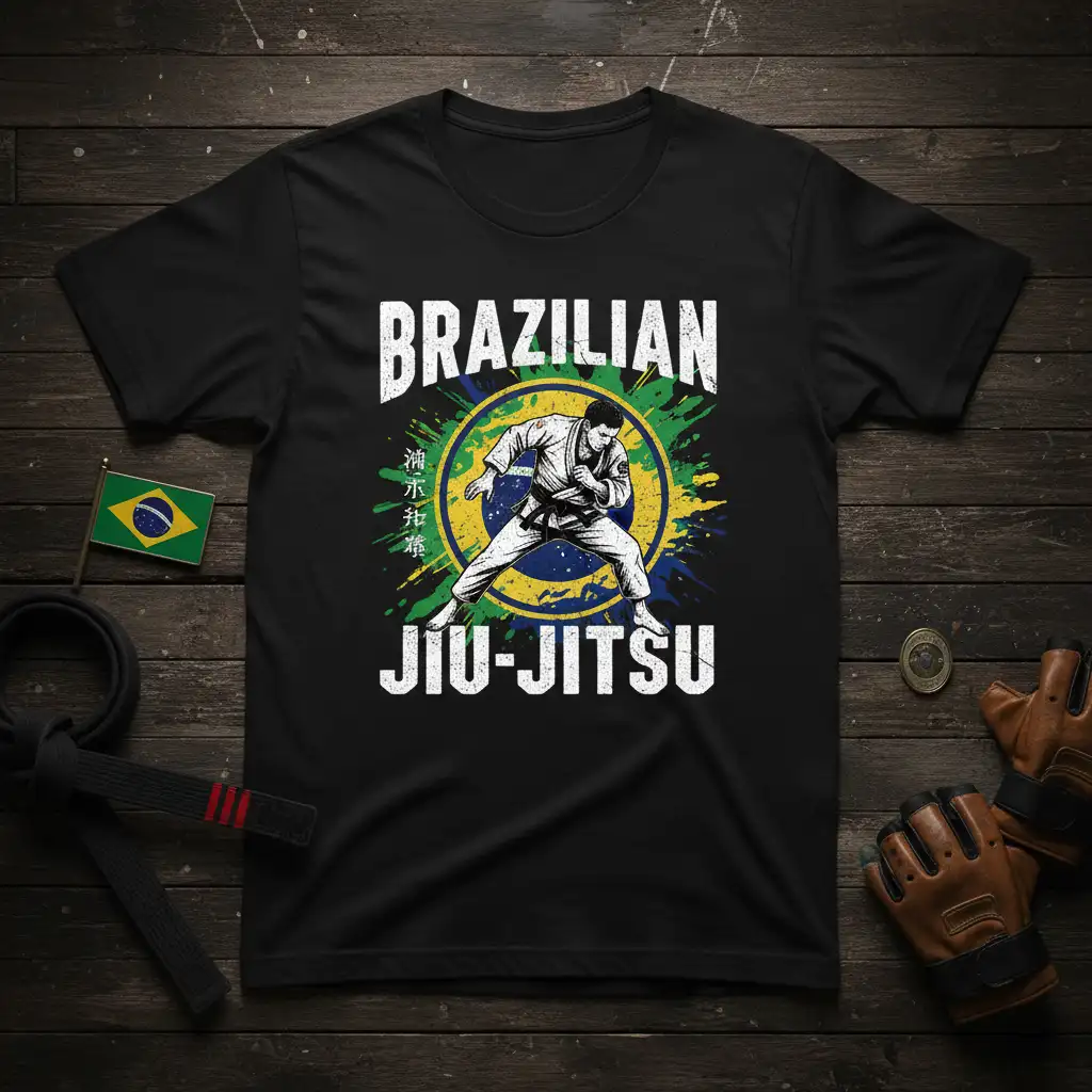 Brazilian Jiu-Jitsu martial artist in gi with dynamic artwork and text