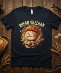 Bread Sheeran pun t-shirt design featuring a cartoon bread character playing a guitar with musical notes