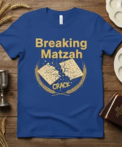 Breaking Matzah CRACK T-Shirt design featuring golden text and wheat surrounding a cracked matzah graphic