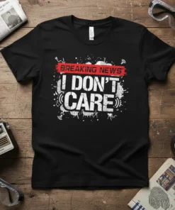Black t-shirt with "BREAKING NEWS I DON'T CARE" in bold white and red distressed typography