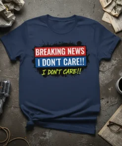 T-shirt with "BREAKING NEWS I DON'T CARE!! I DON'T CARE!!" text in bold red, white, blue, and yellow fonts on