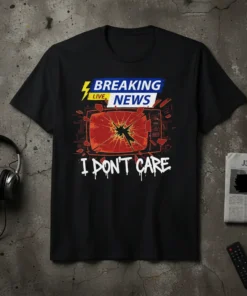 Breaking News I Don't Care t-shirt with a shattered TV graphic and lightning bolt