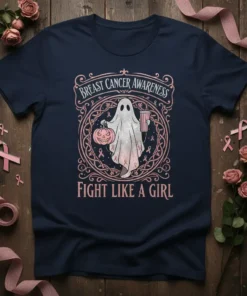 Breast Cancer Awareness Fight Like A Girl t-shirt with ghost holding pumpkin and drink