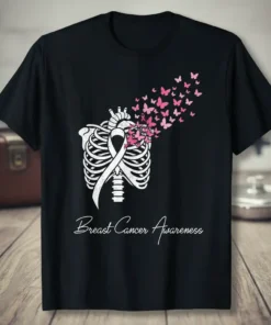 Breast Cancer Awareness t-shirt with skeleton ribcage, pink ribbon, and pink butterflies design