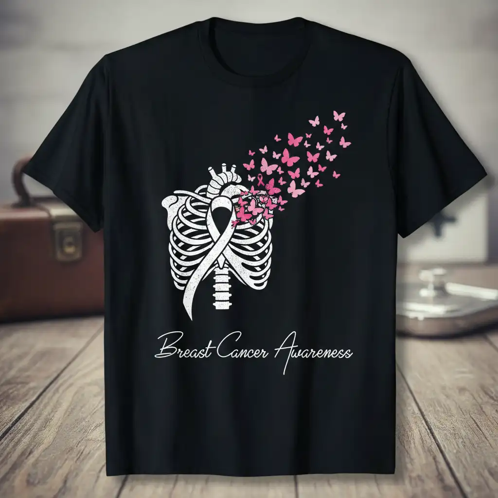 Breast Cancer Awareness t-shirt design featuring a skeleton ribcage, pink ribbon, and fluttering pink butterflies symbolizing hope